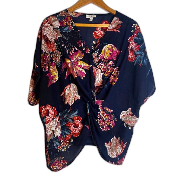UmGee Tropical Bold Floral Print Blouse Waist Knot Boho Beachy Size Small Blue - Picture 1 of 8